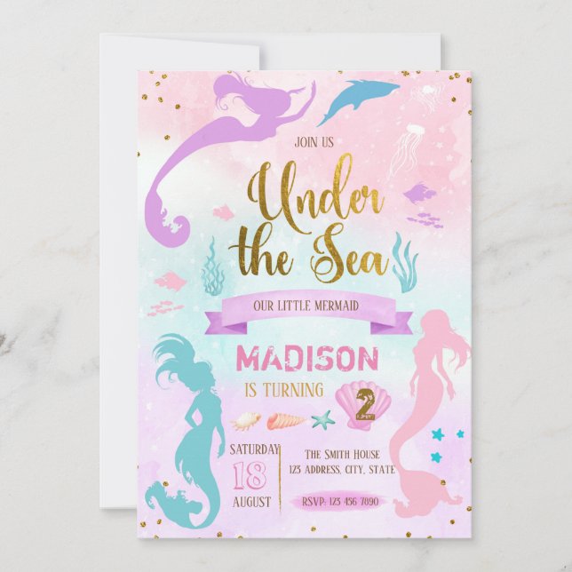 Invitación de cumpleaños de pastel mermaid (Anverso)