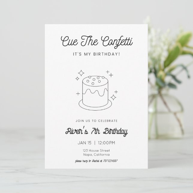 Invitación de cumpleaños de pastel negro y blanco (Anverso de pie)
