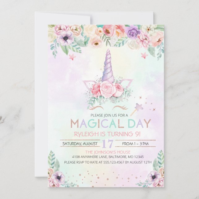 Invitación de cumpleaños de Pastel Rainbow Unicorn (Anverso)