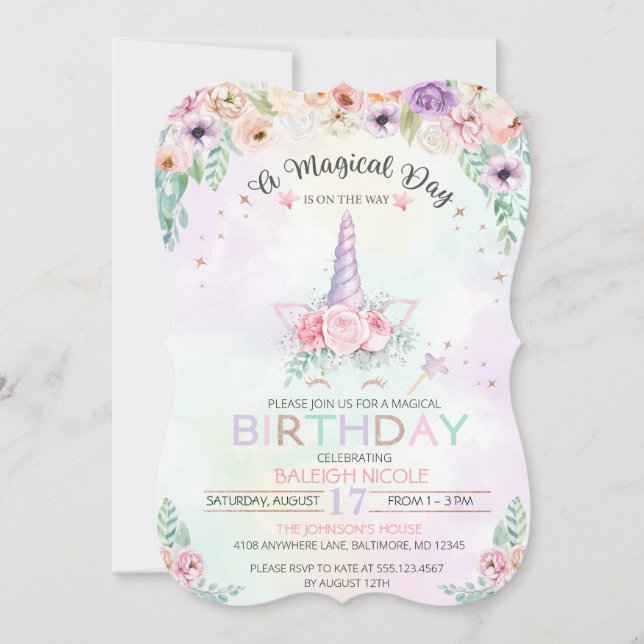 Invitación de cumpleaños de Pastel Rainbow Unicorn (Anverso)