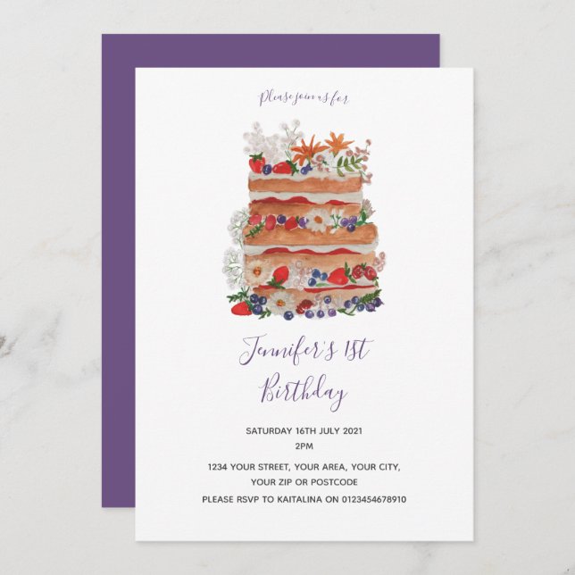 Invitación de cumpleaños de pastel vintage (Anverso / Reverso)