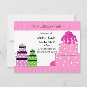 Invitación de cumpleaños de pastel y regalos de lu