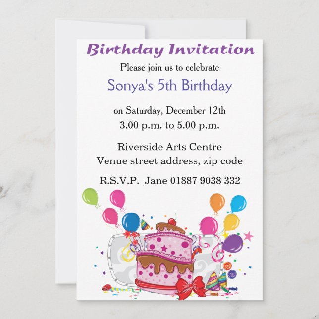 Invitación de cumpleaños de pasteles y globos (Anverso)