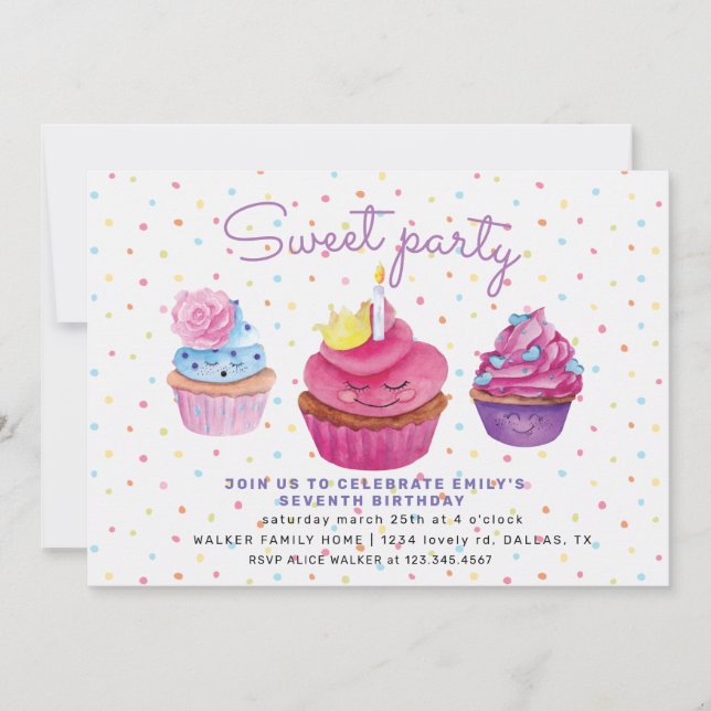 Invitación de cumpleaños de pastelitos dulces y ro (Anverso)