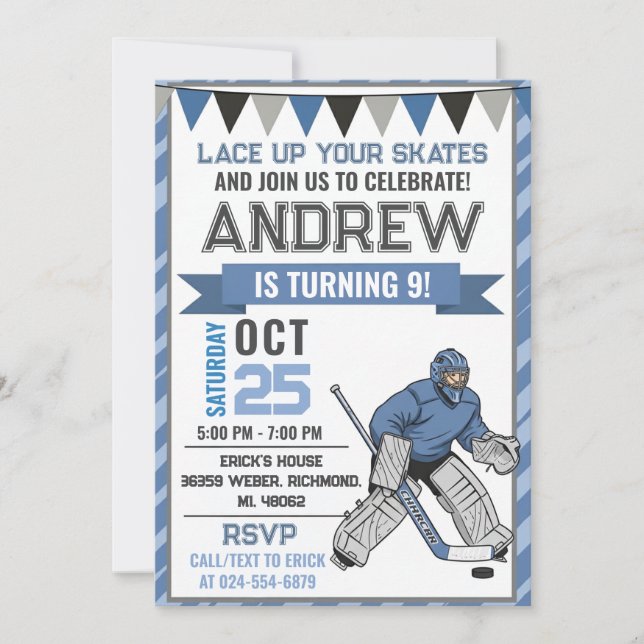 Invitación de cumpleaños de patinaje de hockey per (Anverso)