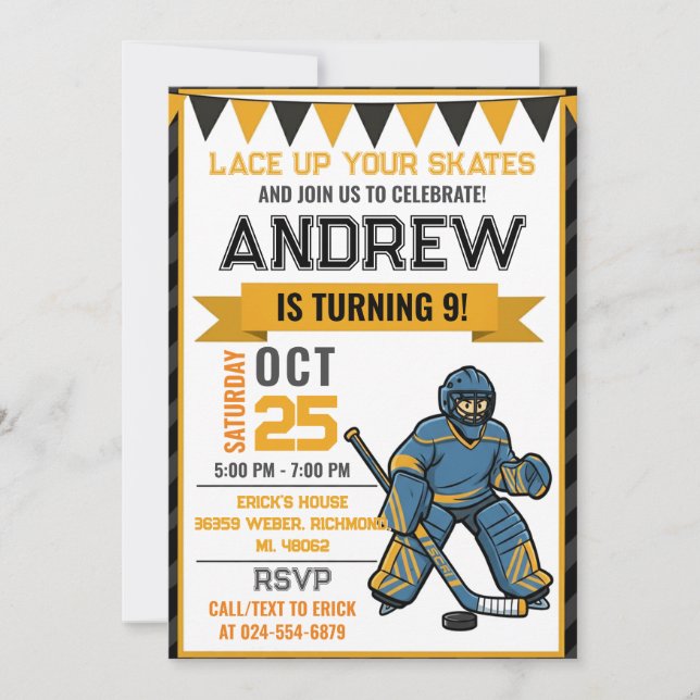 Invitación de cumpleaños de patinaje de hockey per (Anverso)