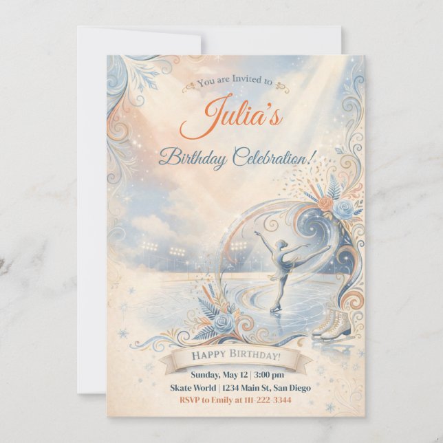 Invitación de cumpleaños de patinaje sobre hielo | (Anverso)