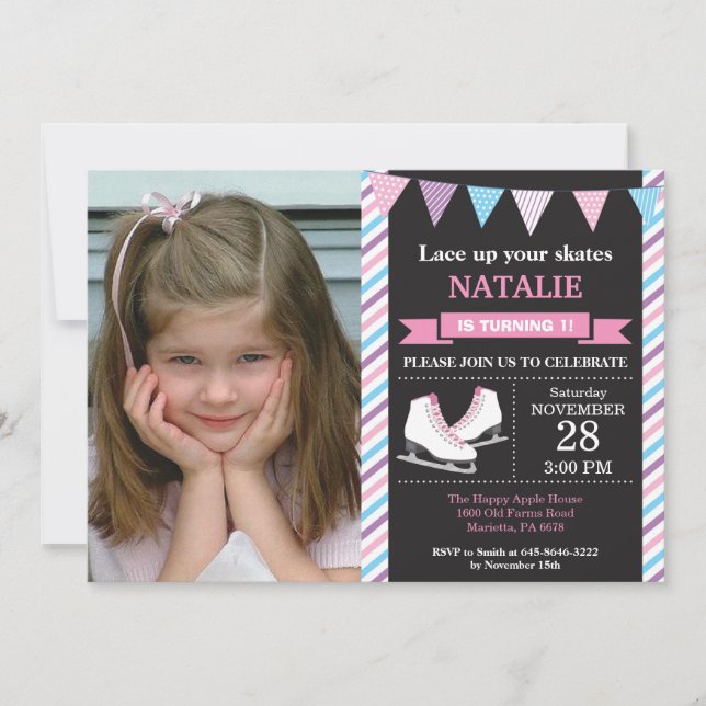 Invitación de cumpleaños de patinaje sobre hielo P (Anverso)