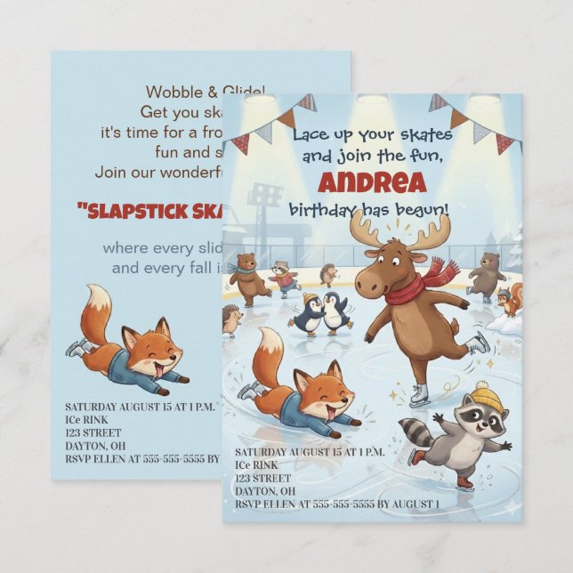 Invitación de cumpleaños de patinaje sobre hielo S (Anverso / Reverso)