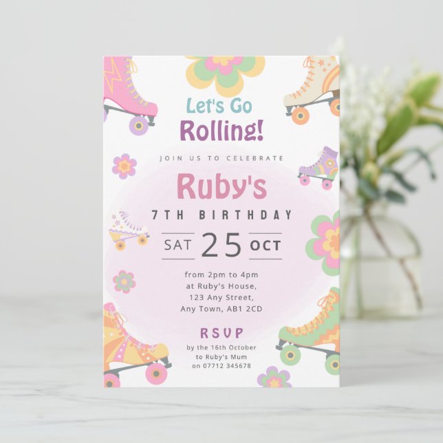 Invitación de cumpleaños de patines retro para niñ (Anverso de pie)