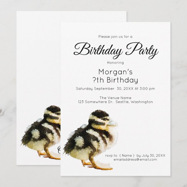 Invitación de cumpleaños de patito bebé con acuare (Anverso / Reverso)