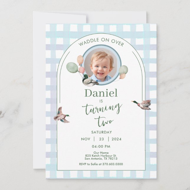 Invitación de cumpleaños de Pato Afortunado Foto d (Anverso)
