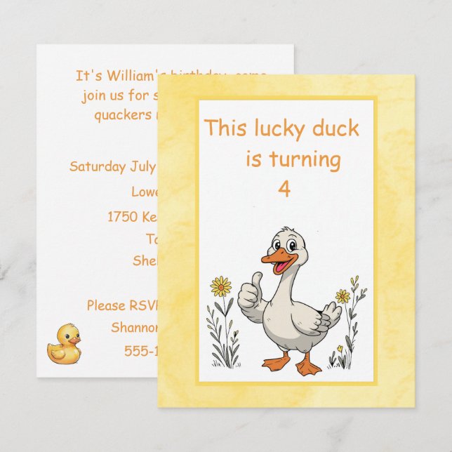Invitación de cumpleaños de Pato Afortunado para d (Anverso / Reverso)