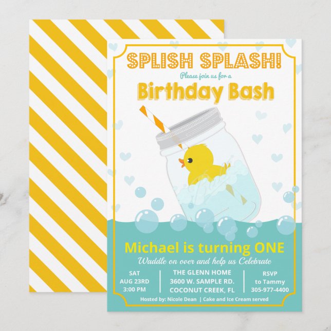 Invitación de cumpleaños de pato de goma para cual (Anverso / Reverso)