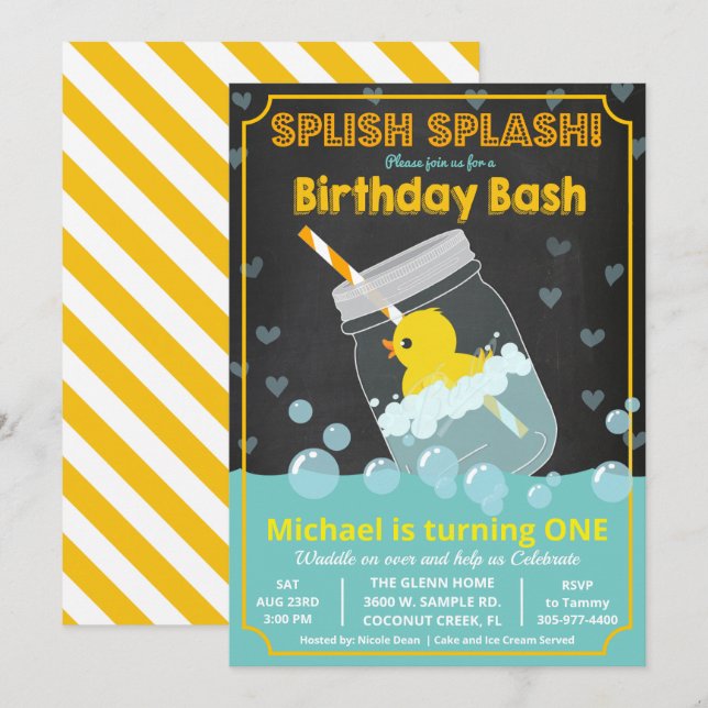 Invitación de cumpleaños de pato de goma para cual (Anverso / Reverso)