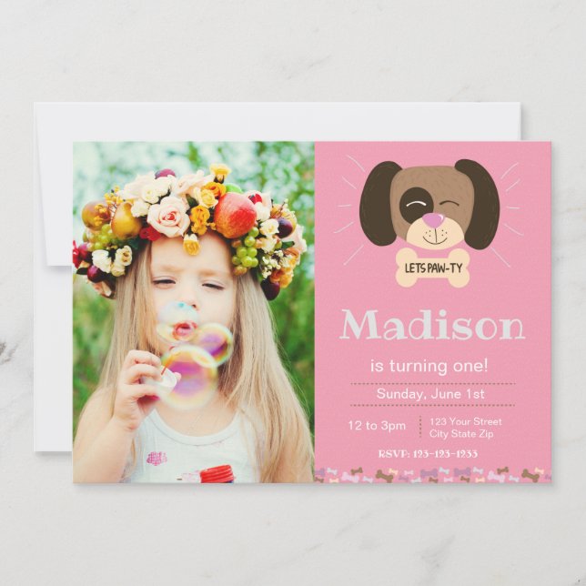Invitación de cumpleaños de Pato de Perro Rosado (Anverso)