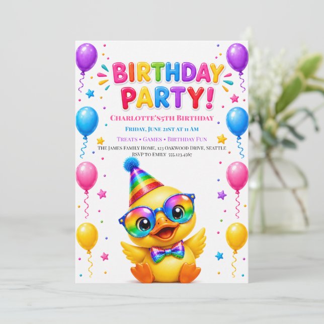 Invitación de cumpleaños de pato Let's Pawty (Anverso de pie)
