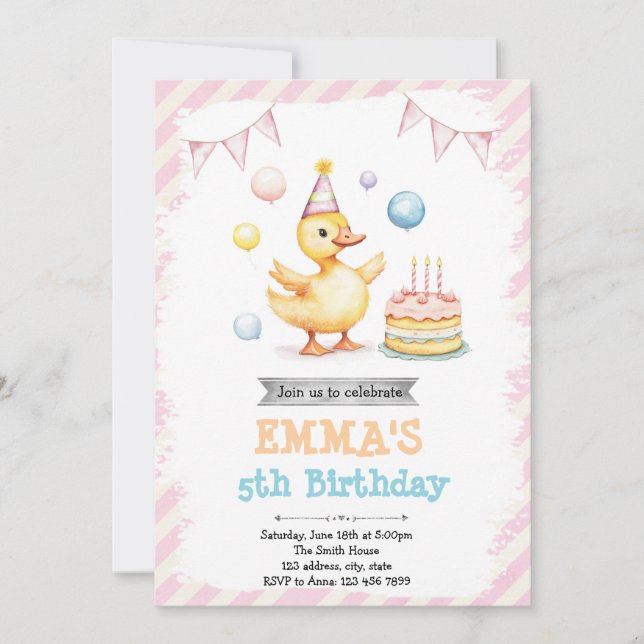 Invitación de cumpleaños de pato lindo (Anverso)