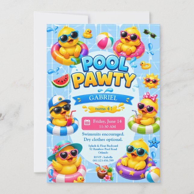 Invitación de cumpleaños de pato para fiesta en pi (Anverso)