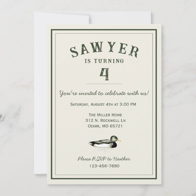 Invitación de cumpleaños de pato personalizada (Anverso)