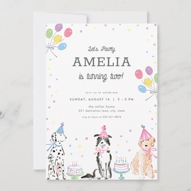 Invitación de cumpleaños de pawty Pastel (Anverso)