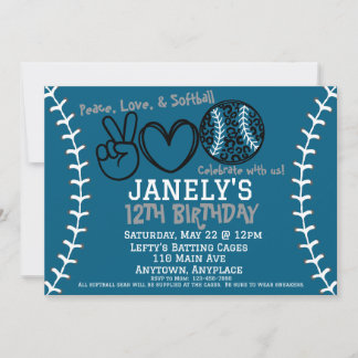 Invitación de cumpleaños de Peace Love Softball