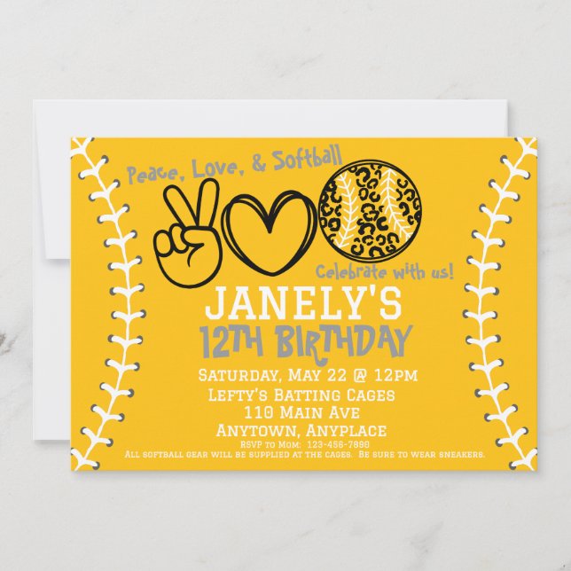 Invitación de cumpleaños de Peace Love Softball (Anverso)