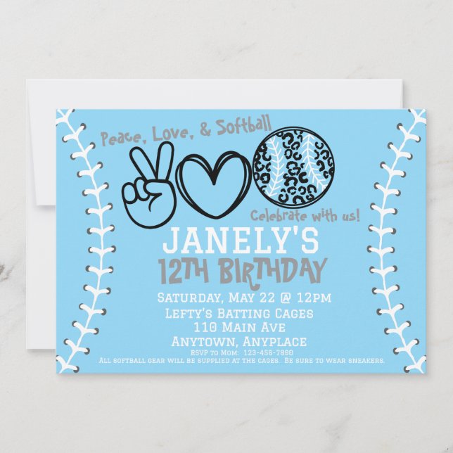 Invitación de cumpleaños de Peace Love Softball (Anverso)