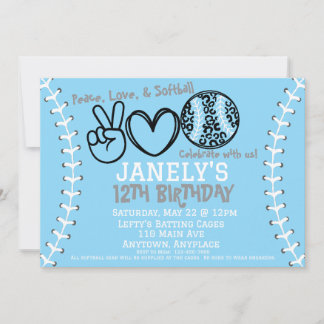 Invitación de cumpleaños de Peace Love Softball