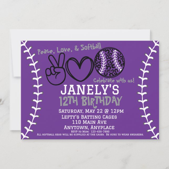 Invitación de cumpleaños de Peace Love Softball (Anverso)