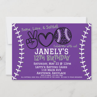 Invitación de cumpleaños de Peace Love Softball