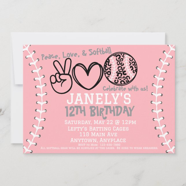 Invitación de cumpleaños de Peace Love Softball (Anverso)