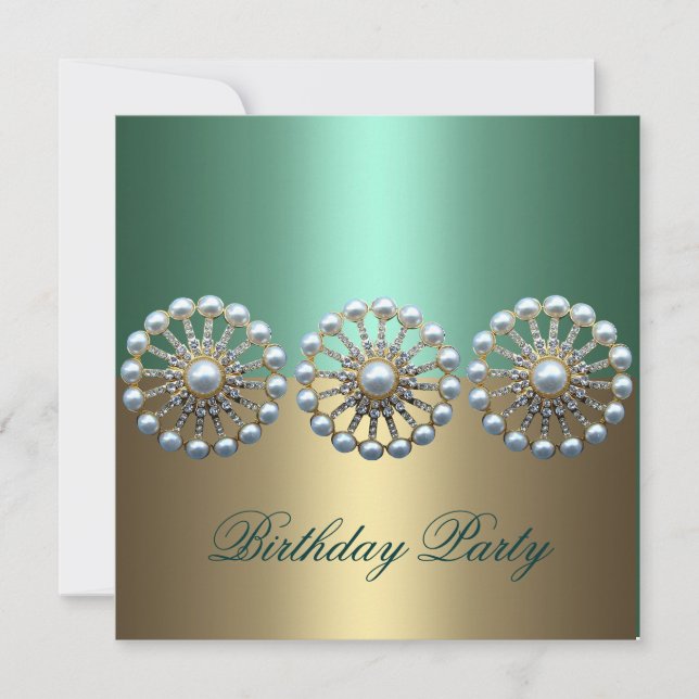 Invitación de cumpleaños de Pearl Elegante Verde y (Anverso)