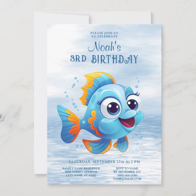 Invitación de cumpleaños de peces azules (Anverso)