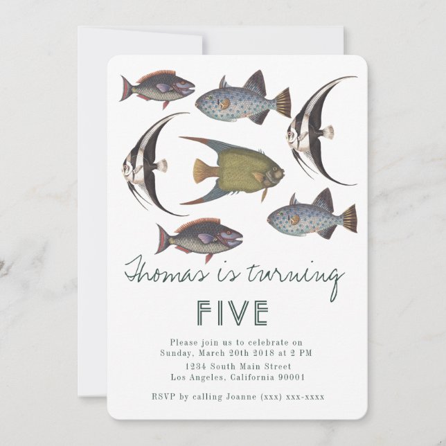 Invitación de cumpleaños de peces de época (Anverso)