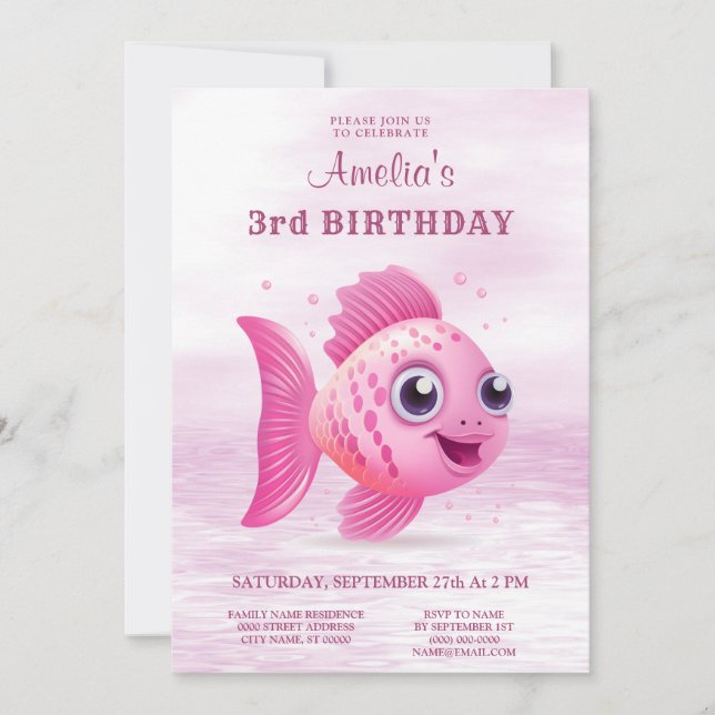 Invitación de cumpleaños de peces rosados (Anverso)