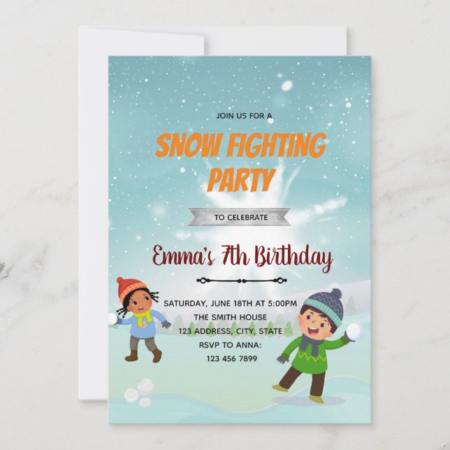 Invitación de cumpleaños de pelea de bolas de niev (Anverso)