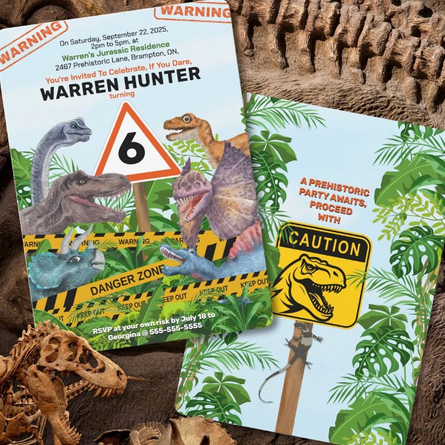 Invitación de Cumpleaños de Peligro de Dinosaurios (Grab your bold dinosaur invitation with jungle leaves, warning tape, and adventure - if you dare!)