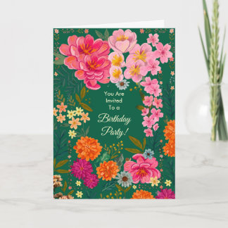 Invitación de cumpleaños de peonía y zinnia de jar
