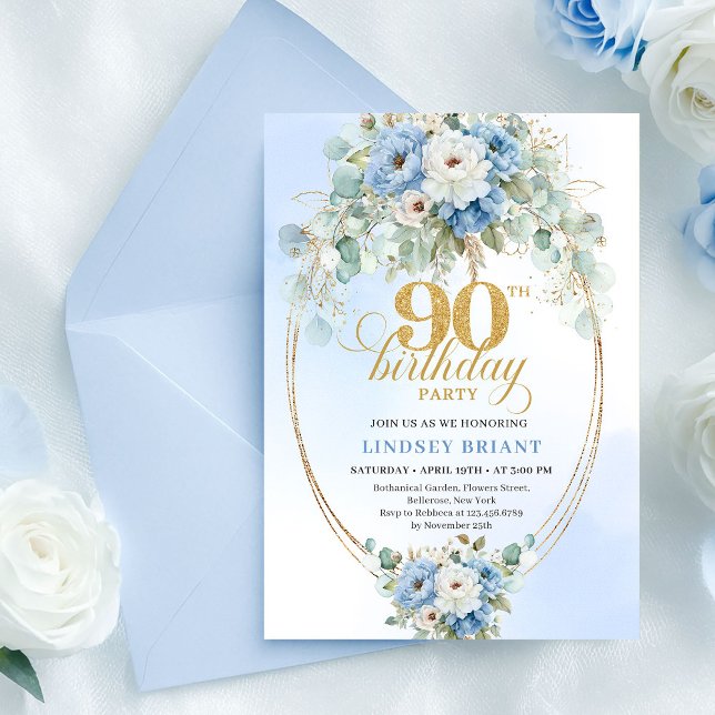Invitación de cumpleaños de peonías azules bohemia (Soft Bohemian Blue Peonies Birthday Invite)