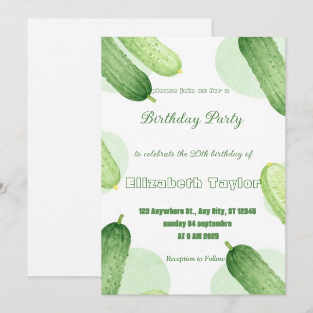 Invitación de cumpleaños de pepinillos y pepino  F (Anverso / Reverso)