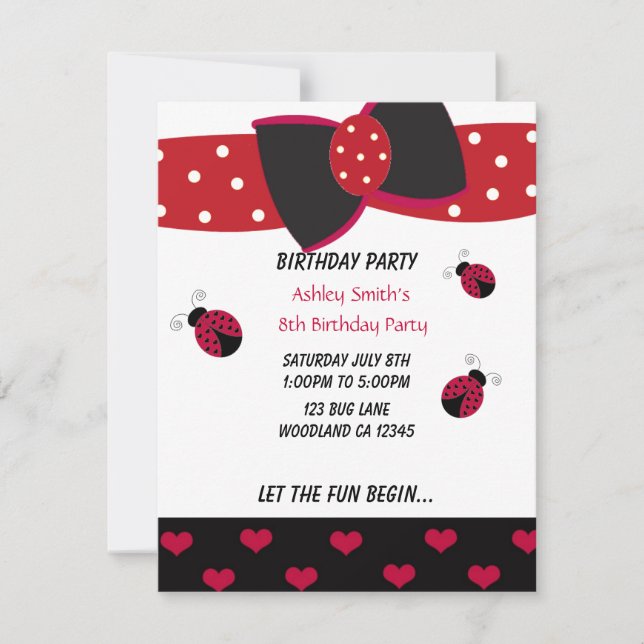 Invitación de cumpleaños de pequeña mariquita (Anverso)