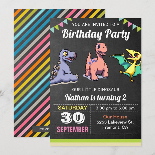 Invitación de cumpleaños de pequeño dinosaurio lin (Anverso / Reverso)
