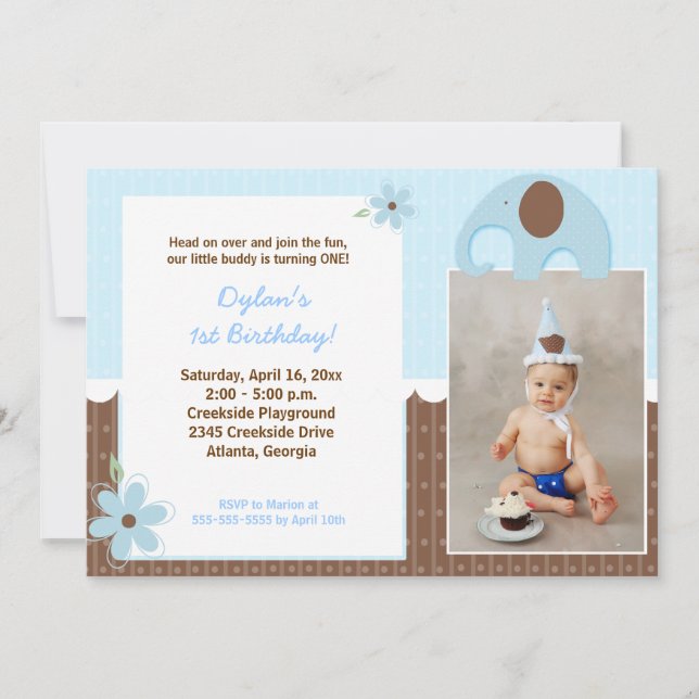 Invitación de cumpleaños de pequeño elefante (azul (Anverso)