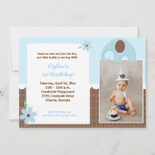 Invitación de cumpleaños de pequeño elefante (azul