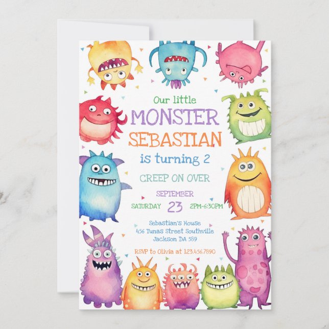 Invitación de cumpleaños de pequeño monstruo (Anverso)