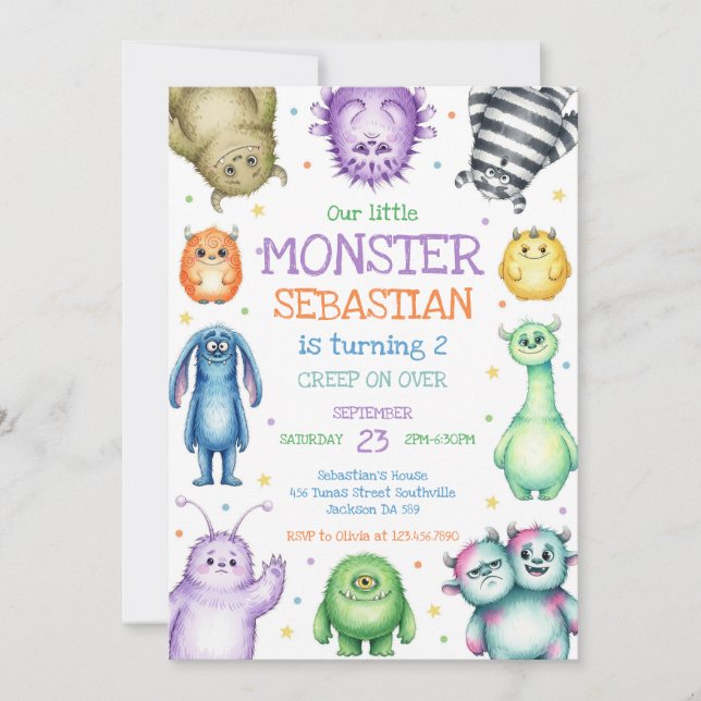 Invitación de cumpleaños de pequeño monstruo (Anverso)