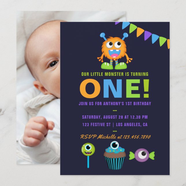Invitación de cumpleaños de pequeño monstruo niño  (Anverso / Reverso)