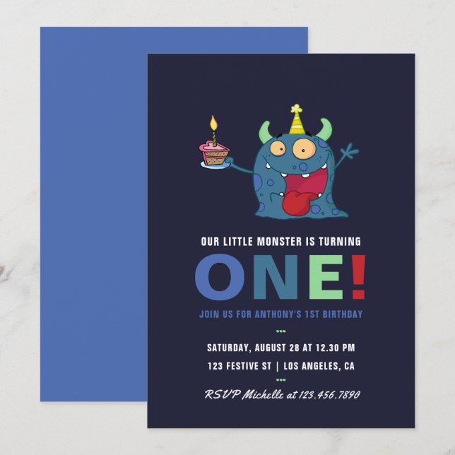 Invitación de cumpleaños de pequeño monstruo niño (Anverso / Reverso)