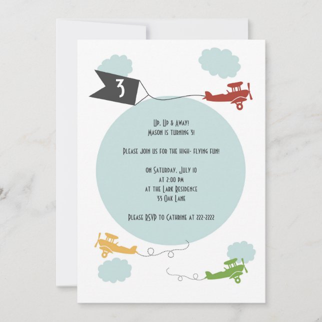 Invitación de cumpleaños de pequeños aviones (Anverso)